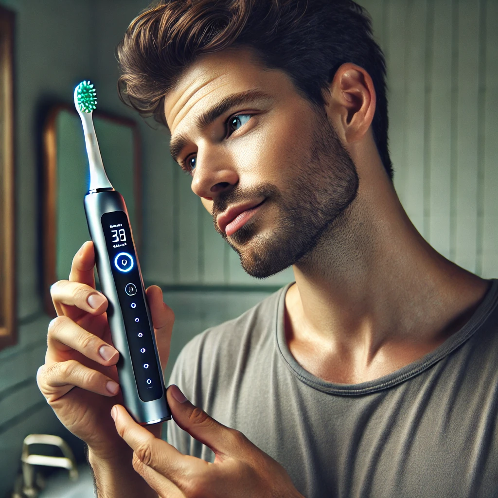A man holding a high tech toothbrush. The toothbrush has a sleek design with LED indicators, a digital display, and modern features
