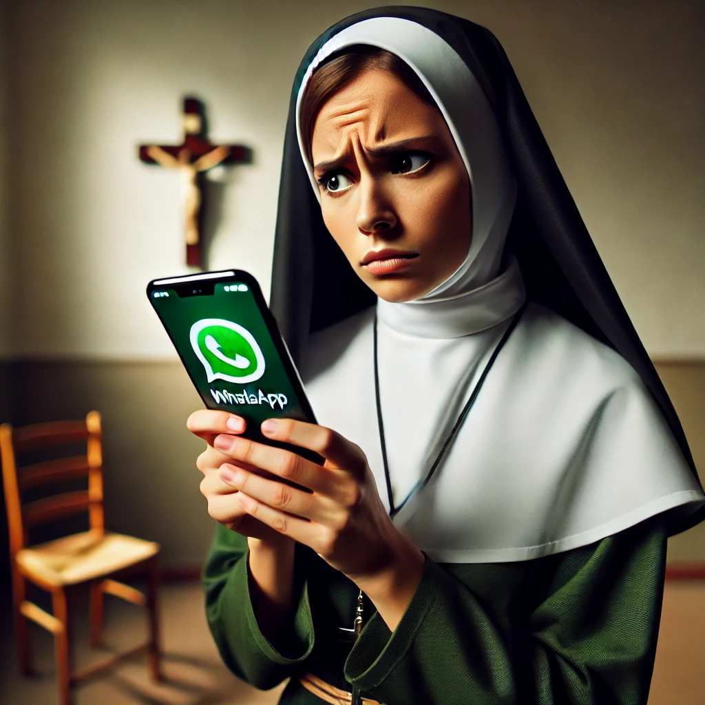 A nun staring at her WhatsApp in confusion. The nun is dressed in traditional religious attire, with a habit and veil